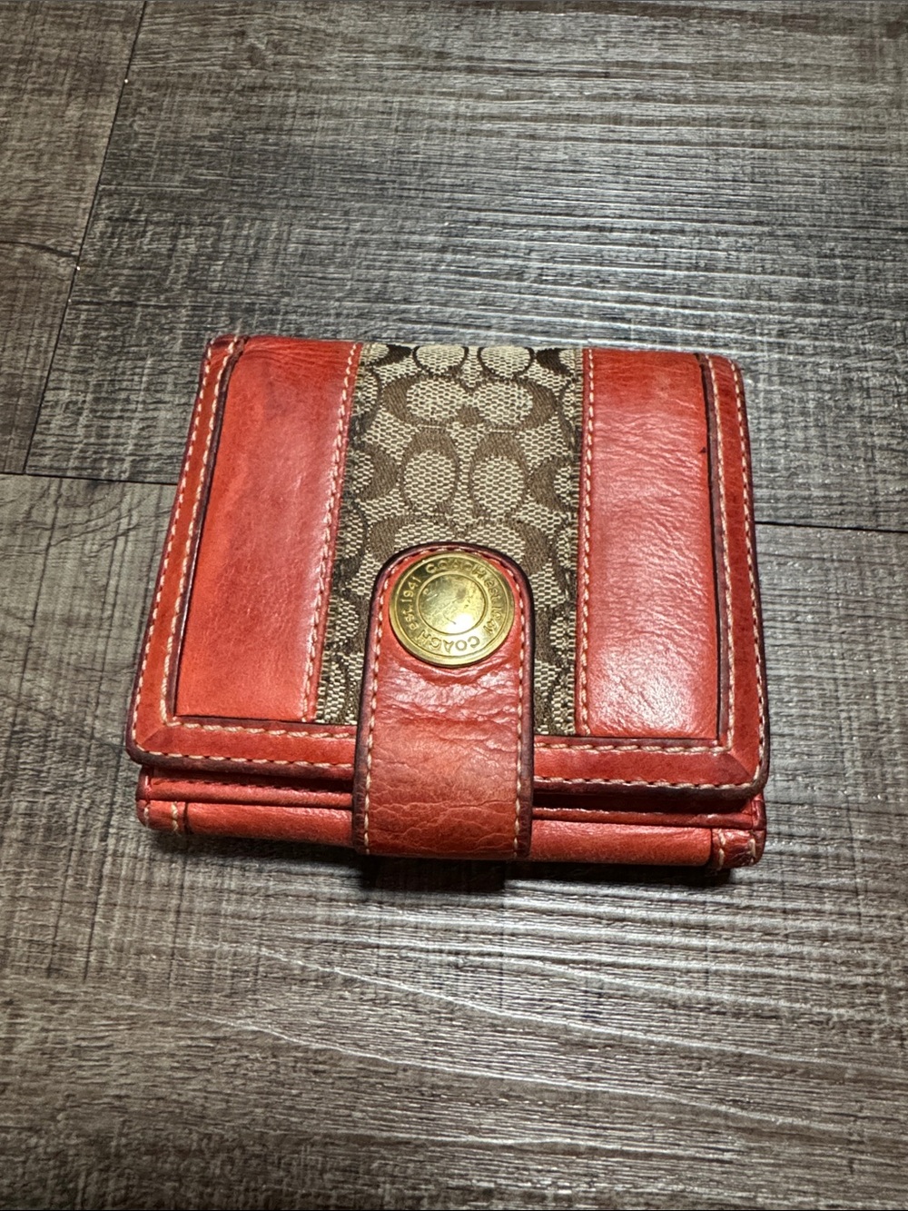 Vintage Coach Signature Folding Wallet Snap Closure Burnt Orange Leather
